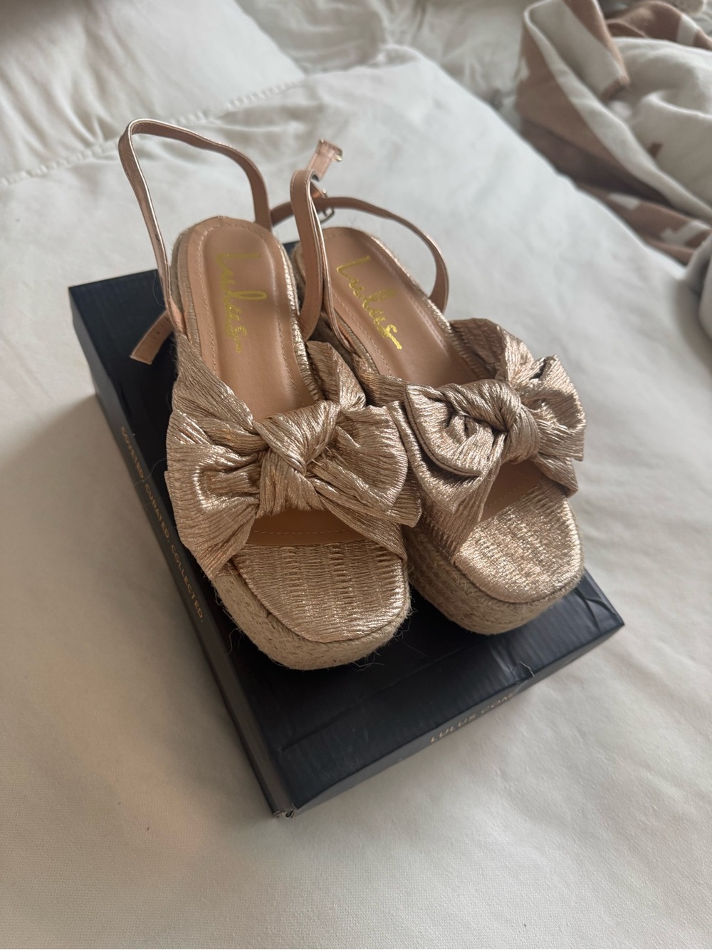 Lulu's Metallic Gold Bow Espadrille Wedge Sandals